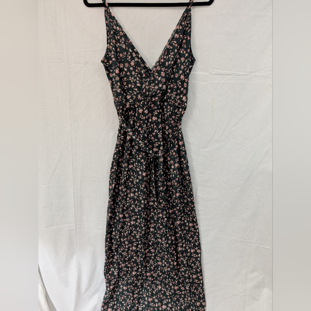 Hunter Green And Pink Flower Long Dress, Size Medium
